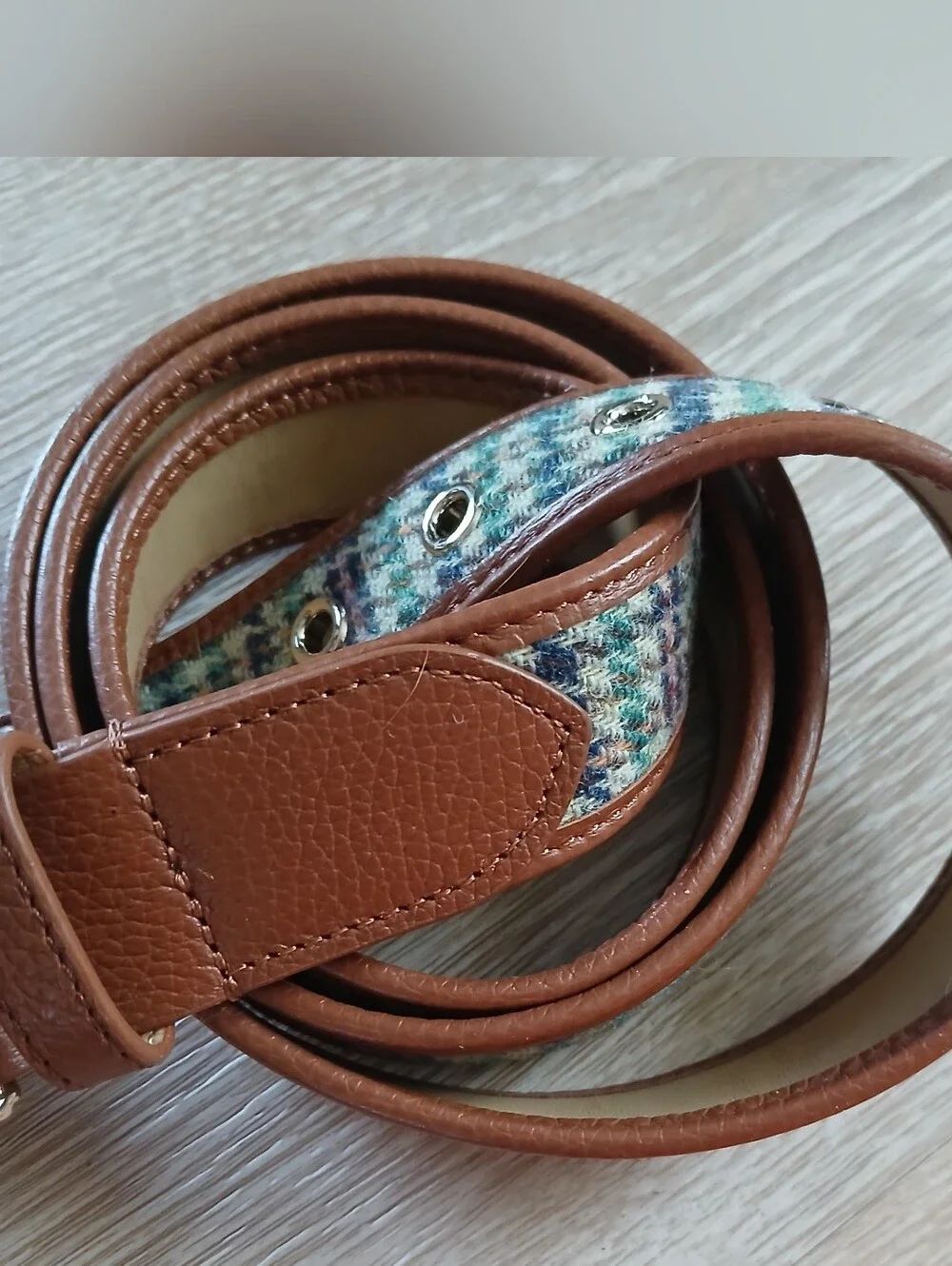 Talbots Belt Hybrid Fabric And Leather Hounds tooth Plaid Gold Tone Hardware XL